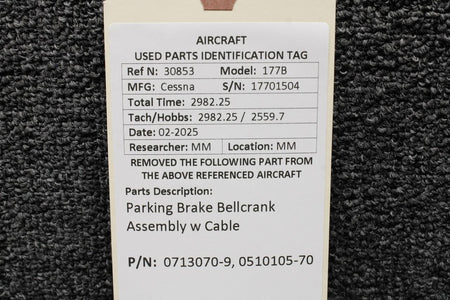 Cessna Aircraft Parts 0713070-9, 0510105-70 Cessna 177B Parking Brake Bellcrank Assembly w Cable