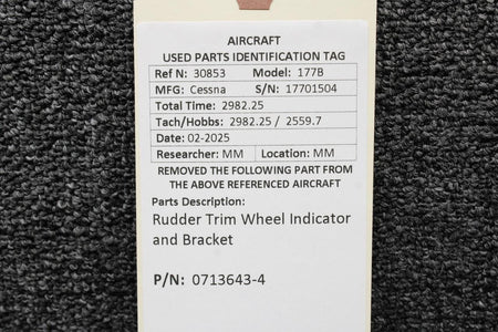 Cessna Aircraft Parts 0713643-4 Cessna 177B Rudder Trim Wheel Indicator and Bracket
