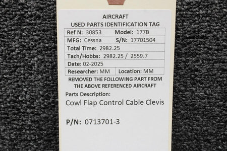 Cessna Aircraft Parts 0713701-3 Cessna 177B Cowl Flap Control Cable Clevis