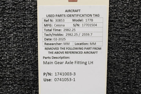 Cessna Aircraft Parts 1741003-3 (Use: 0741053-1) Cessna 177B Main Gear Axle Fitting LH
