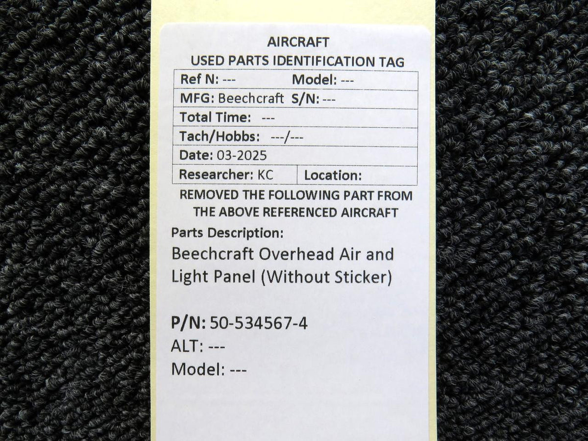Beechcraft Parts 50-534567-4 Beechcraft Overhead Air and Light Panel (Without Sticker)