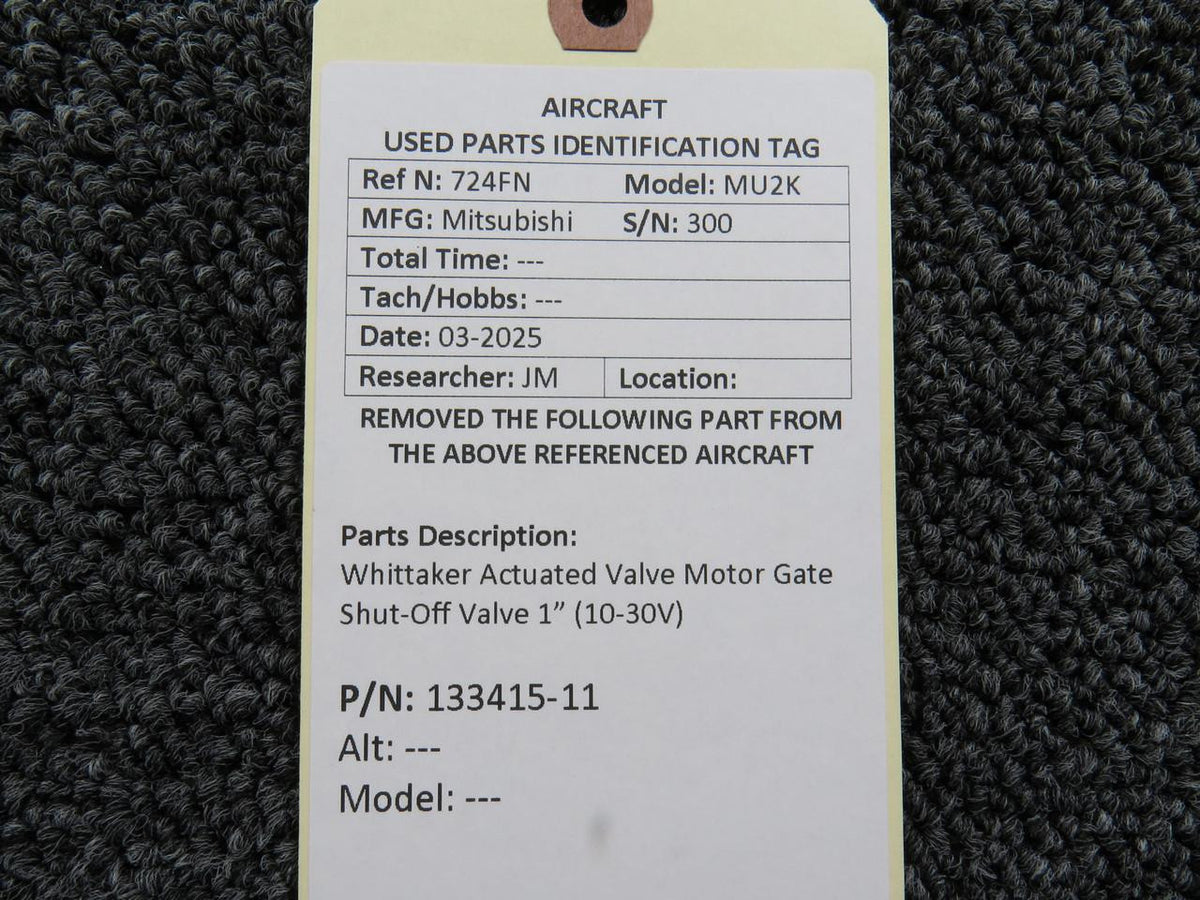 Whittaker 133415-11 Whittaker Actuated Valve Motor Gate Shut-Off Valve 1” (10-30V)
