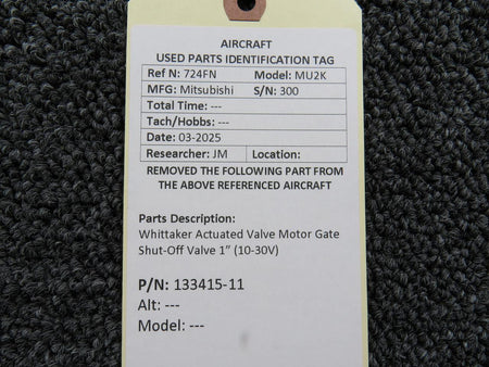 Whittaker 133415-11 Whittaker Actuated Valve Motor Gate Shut-Off Valve 1” (10-30V)