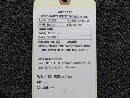 Beechcraft Parts 100-920037-23 Beech B100 Fuel Strainer Assembly LH (Less Switch & Drain Valve)