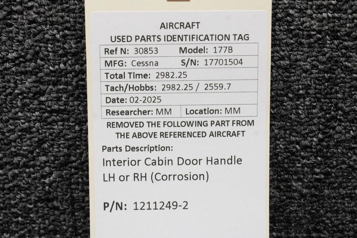 Cessna Aircraft Parts 1211249-2 Cessna 177B Interior Cabin Door Handle LH or RH (Corrosion)
