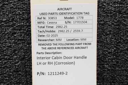 Cessna Aircraft Parts 1211249-2 Cessna 177B Interior Cabin Door Handle LH or RH (Corrosion)