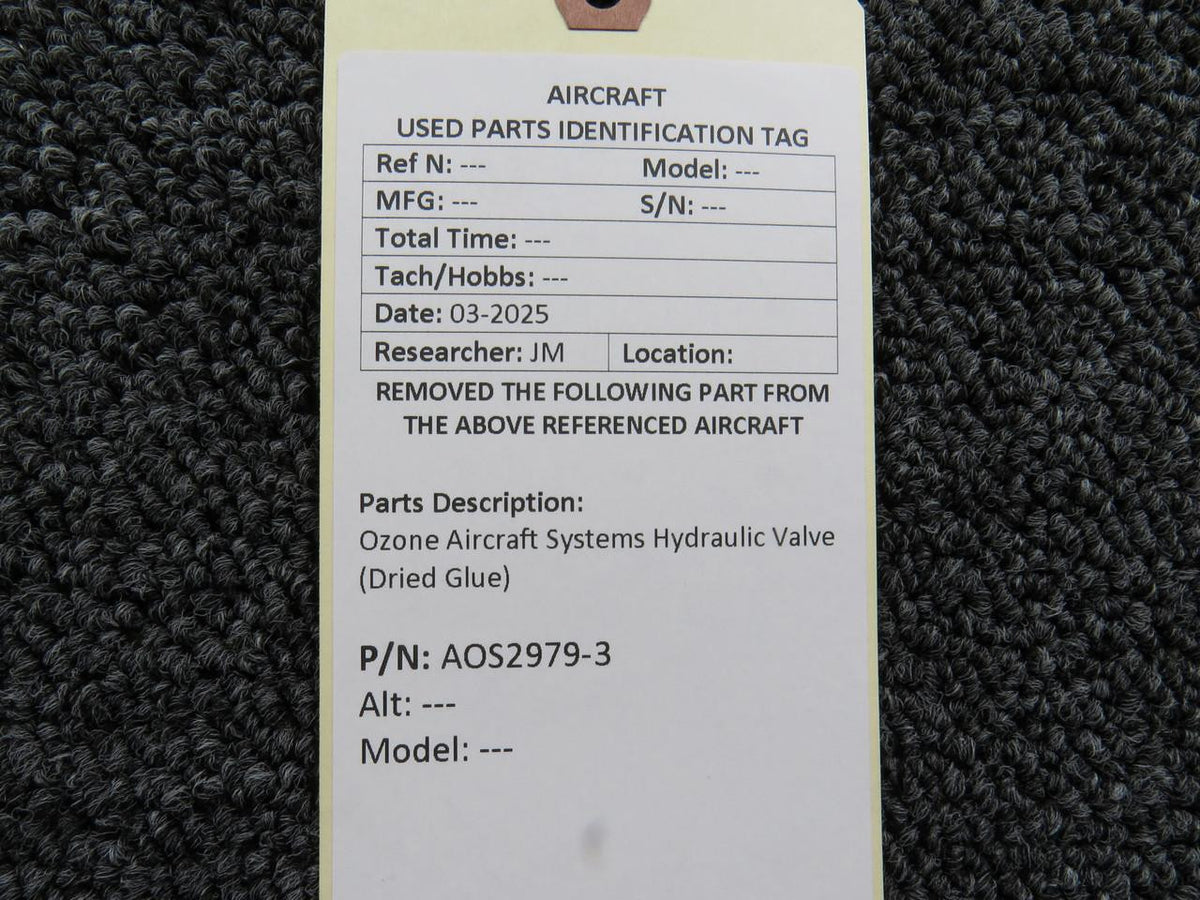 Ozone AOS2979-3 Ozone Aircraft Systems Hydraulic Valve (Dried Glue)