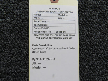 Ozone AOS2979-3 Ozone Aircraft Systems Hydraulic Valve (Dried Glue)