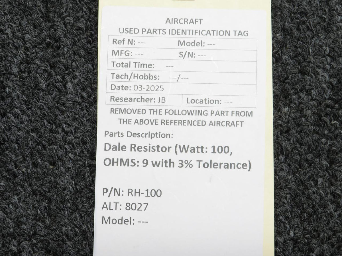 Dale RH-100 (Alt: 8027) Dale Resistor (Watt: 100, OHMS: 9 with 3% Tolerance)