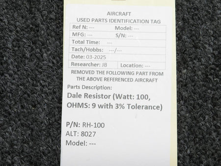 Dale RH-100 (Alt: 8027) Dale Resistor (Watt: 100, OHMS: 9 with 3% Tolerance)