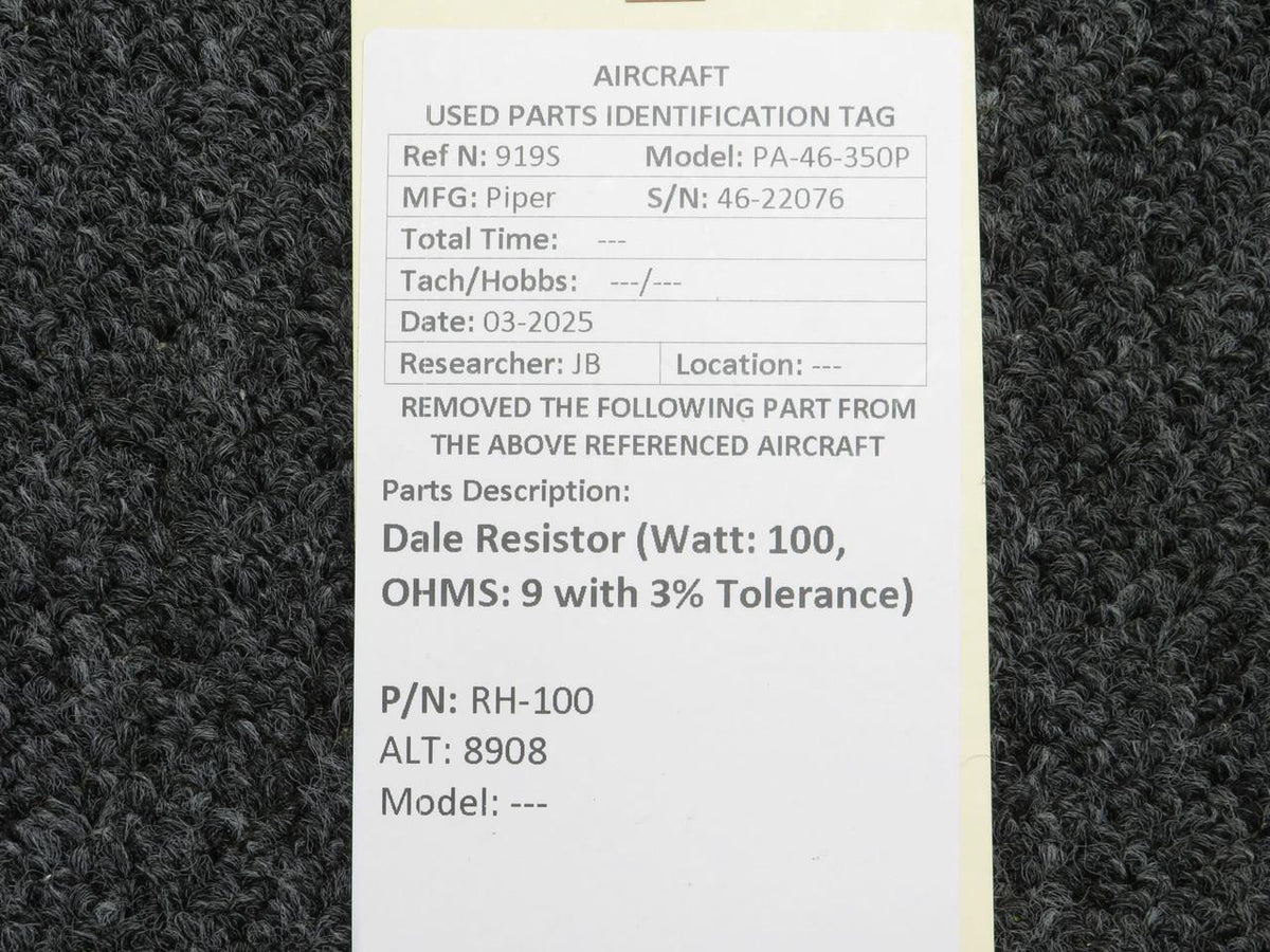 Dale RH-100 (Alt: 8908) Dale Resistor (Watt: 100, OHMS: 9 with 3% Tolerance)