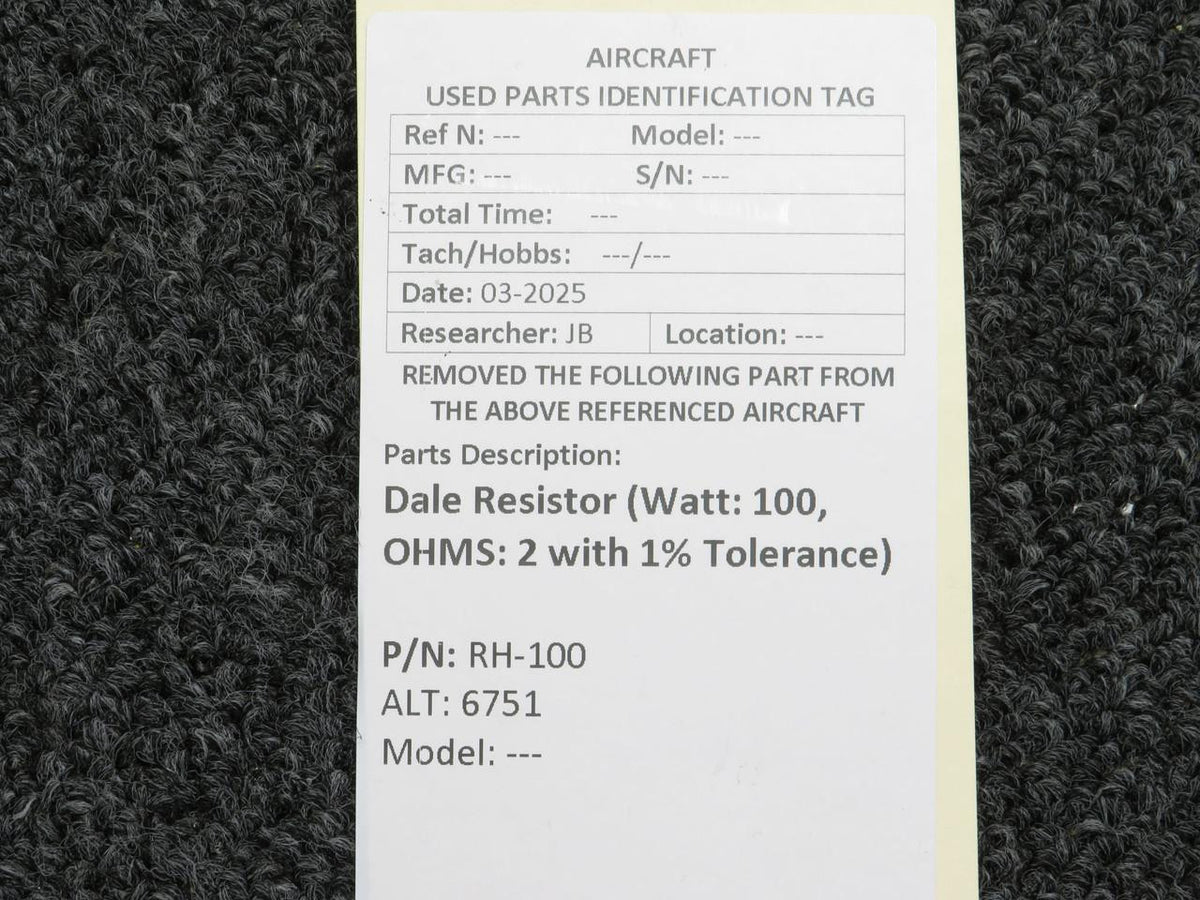 Dale RH-100 (Alt: 6751) Dale Resistor (Watt: 100, OHMS: 2 with 1% Tolerance)