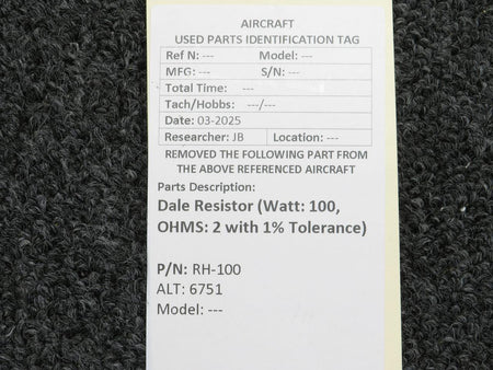 Dale RH-100 (Alt: 6751) Dale Resistor (Watt: 100, OHMS: 2 with 1% Tolerance)