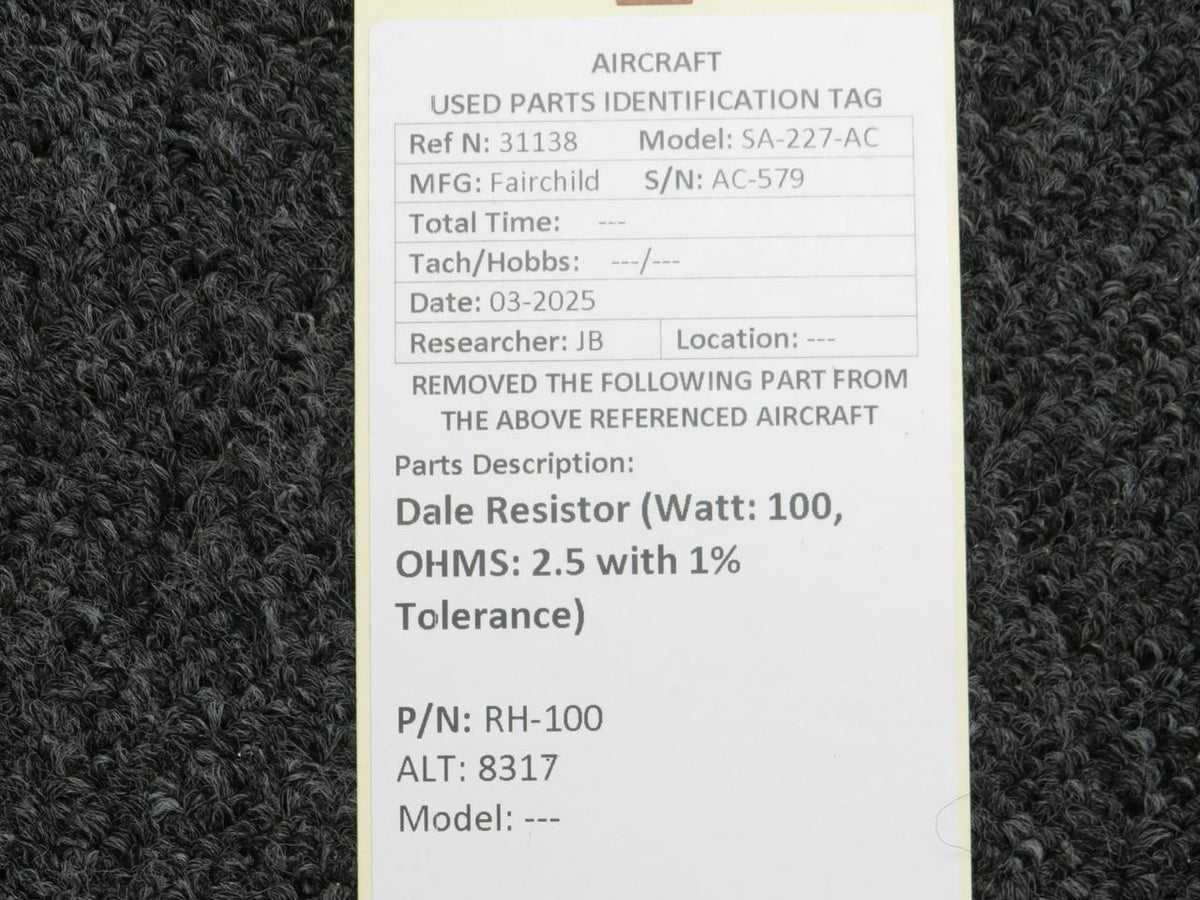 Dale RH-100 (Alt: 8317) Dale Resistor (Watt: 100, OHMS: 2.5 with 1% Tolerance)