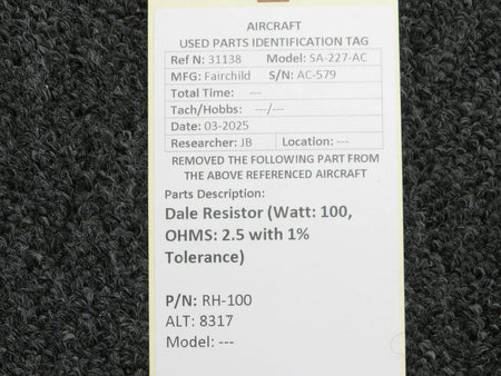 Dale RH-100 (Alt: 8317) Dale Resistor (Watt: 100, OHMS: 2.5 with 1% Tolerance)