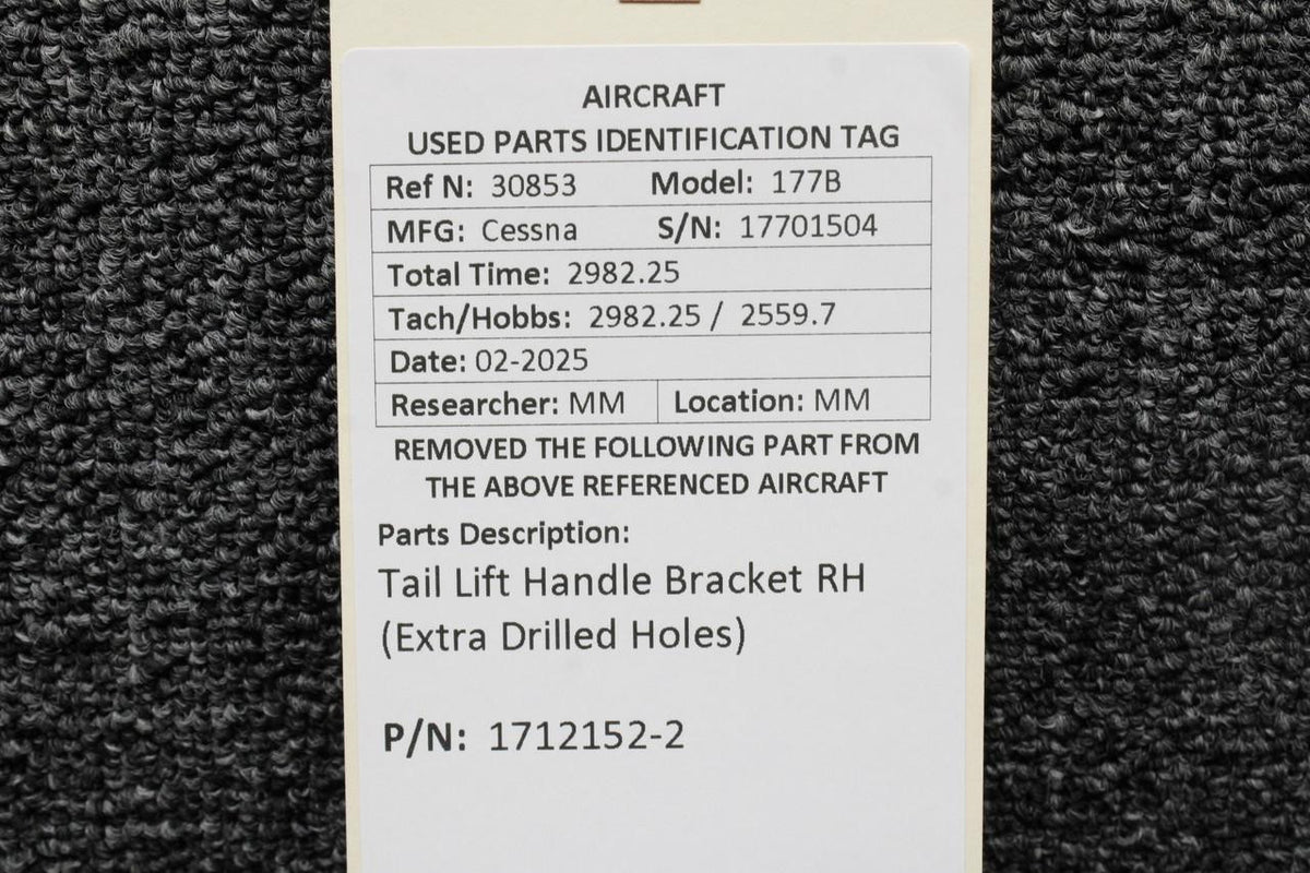 Cessna Aircraft Parts 1712152-2 Cessna 177B Tail Lift Handle Bracket RH (Extra Drilled Holes)