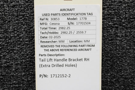 Cessna Aircraft Parts 1712152-2 Cessna 177B Tail Lift Handle Bracket RH (Extra Drilled Holes)