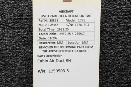 Cessna Aircraft Parts 1250503-8 Cessna 177B Cabin Air Duct RH
