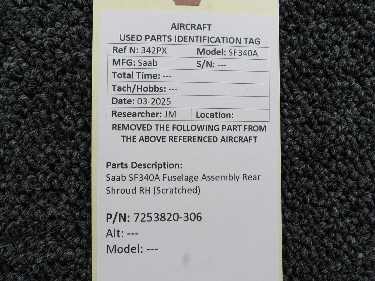 SAAB Aircraft Parts 7253820-306 Saab SF340A Fuselage Assembly Rear Shroud RH (Scratched)