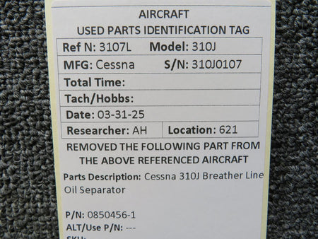 Cessna Aircraft Parts 0850456-1 Cessna 310J Breather Line Oil Separator