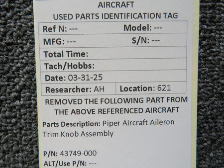 Piper Aircraft Parts 43749-000 Piper Aircraft Aileron Trim Knob Assembly