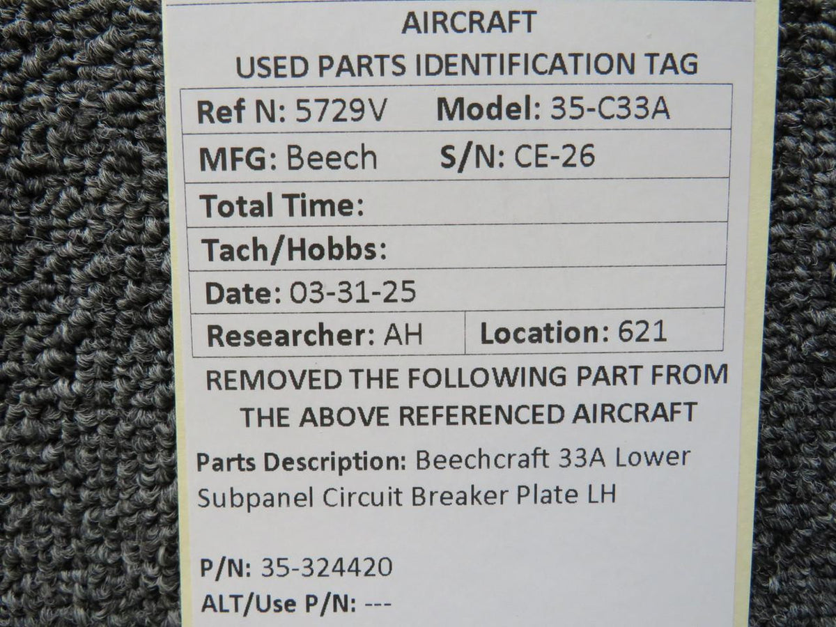 Beechcraft Parts 35-324420 Beechcraft 33A Lower Subpanel Circuit Breaker Plate LH