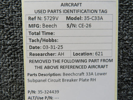 Beechcraft Parts 35-324439 Beechcraft 33A Lower Subpanel Circuit Breaker Plate RH
