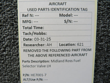 Midland Ross Corp  HE7001-7 Midland Ross Fuel Selector Valve LH