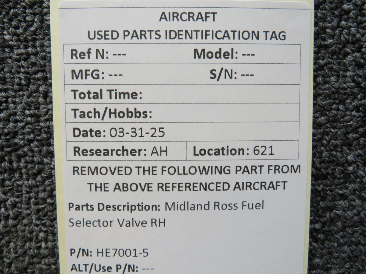 Midland Ross Corp  HE7001-5 Midland Ross Fuel Selector Valve RH