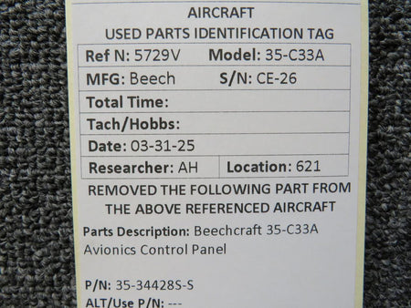Beechcraft Parts 35-34428S-S Beechcraft 35-C33A Avionics Control Panel