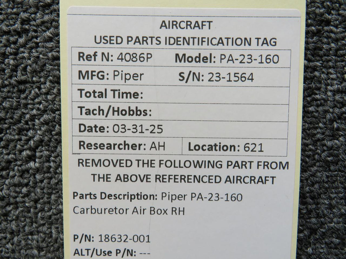 Piper Aircraft Parts 18632-001 Piper PA-23-160 Carburetor Air Box RH