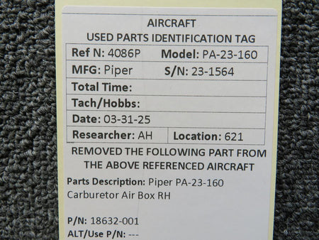Piper Aircraft Parts 18632-001 Piper PA-23-160 Carburetor Air Box RH