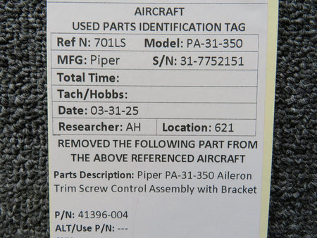 Piper Aircraft Parts 41396-004 Piper PA-31-350 Aileron Trim Screw Control Assembly with Bracket