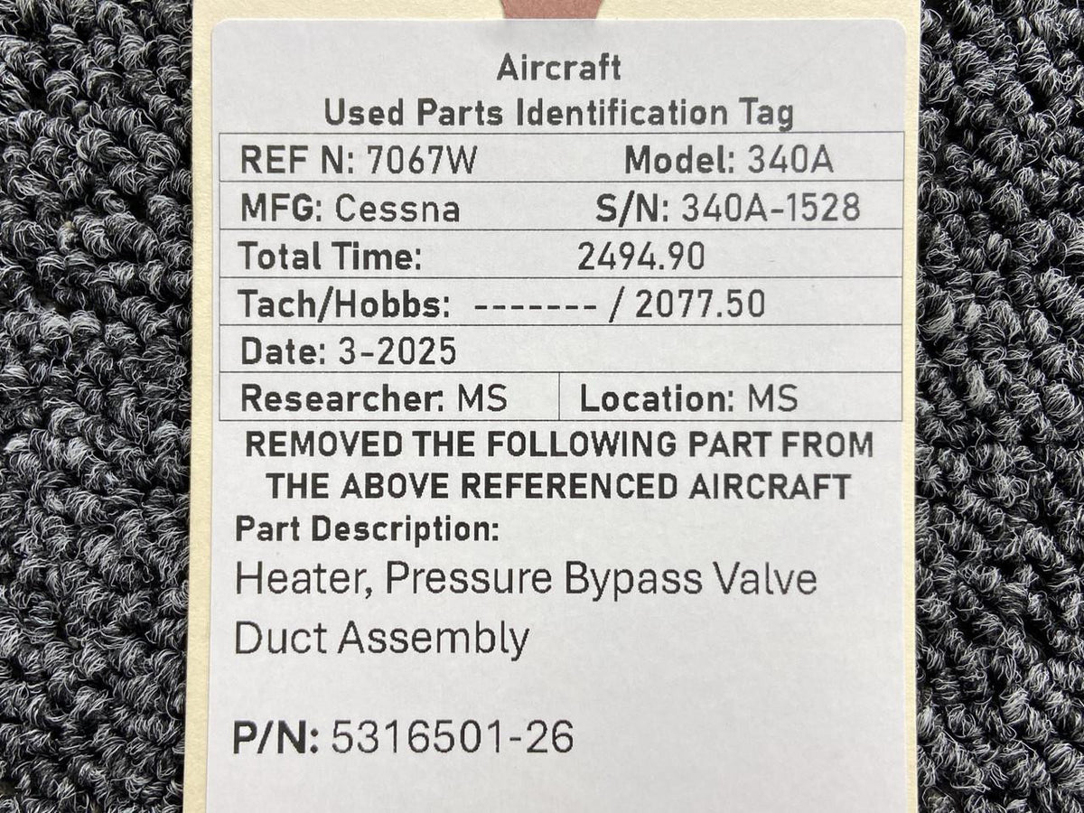 Cessna Aircraft Parts 5316501-26 Cessna 340A Heater, Pressure Bypass Valve Duct Assembly