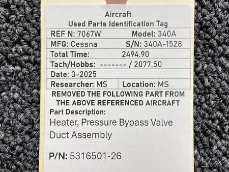 Cessna Aircraft Parts 5316501-26 Cessna 340A Heater, Pressure Bypass Valve Duct Assembly