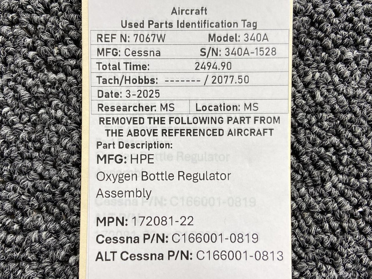 HPE Co 172081-22 (Alt: C166001-0819) HPE Oxygen Bottle Regulator Assembly