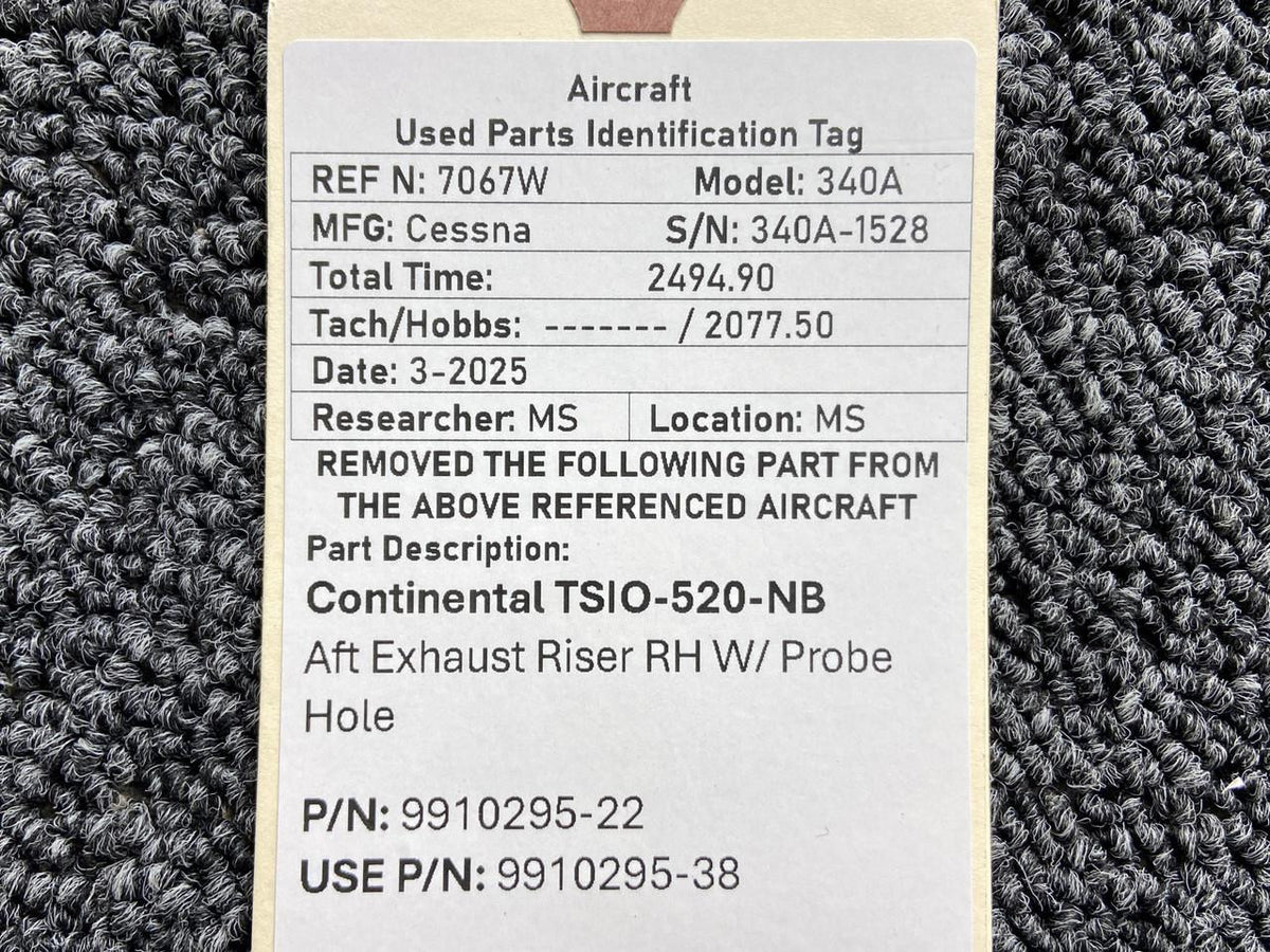 Continental Motors  9910295-22 (Use: 9910295-38) Continental Aft Exhaust Riser RH with Probe Hole
