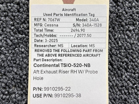 Continental Motors  9910295-22 (Use: 9910295-38) Continental Aft Exhaust Riser RH with Probe Hole