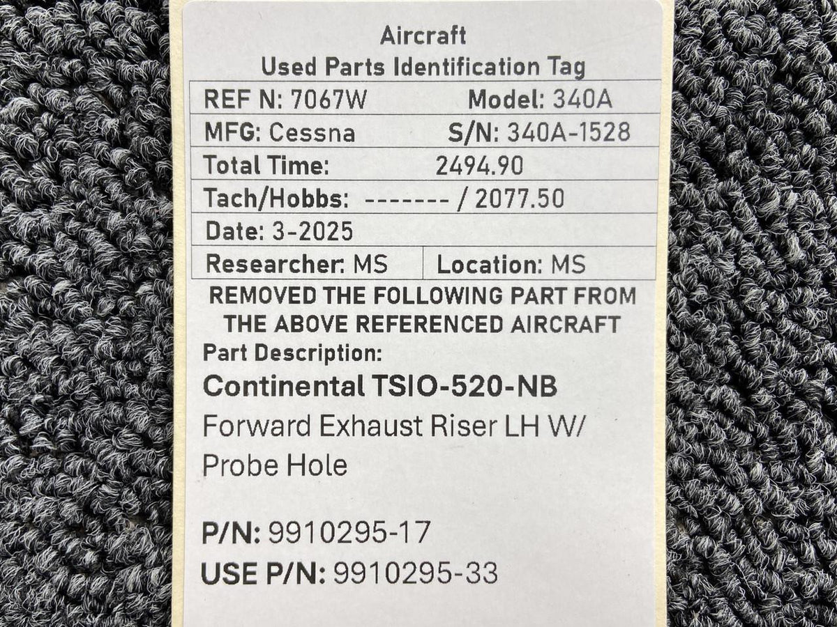 Continental Motors  9910295-17 (Use: 9910295-33) Continental Forward Exhaust Riser LH w Probe Hole