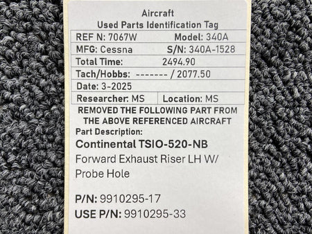 Continental Motors  9910295-17 (Use: 9910295-33) Continental Forward Exhaust Riser LH w Probe Hole