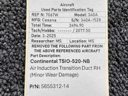 Continental Motors  5655312-14 Continental TSIO-520 Air Induction Transition Duct RH