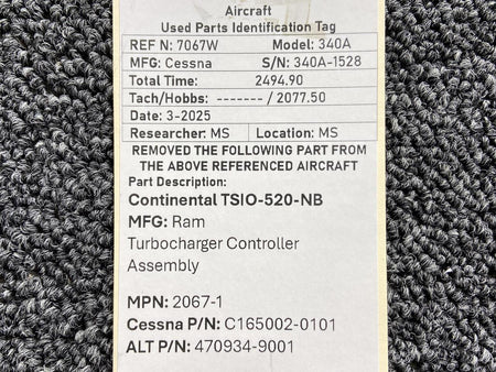 Ram 2067-1 (Alt: 470934-9001) Continental TSIO-520 RAM Turbocharger Controller Assy