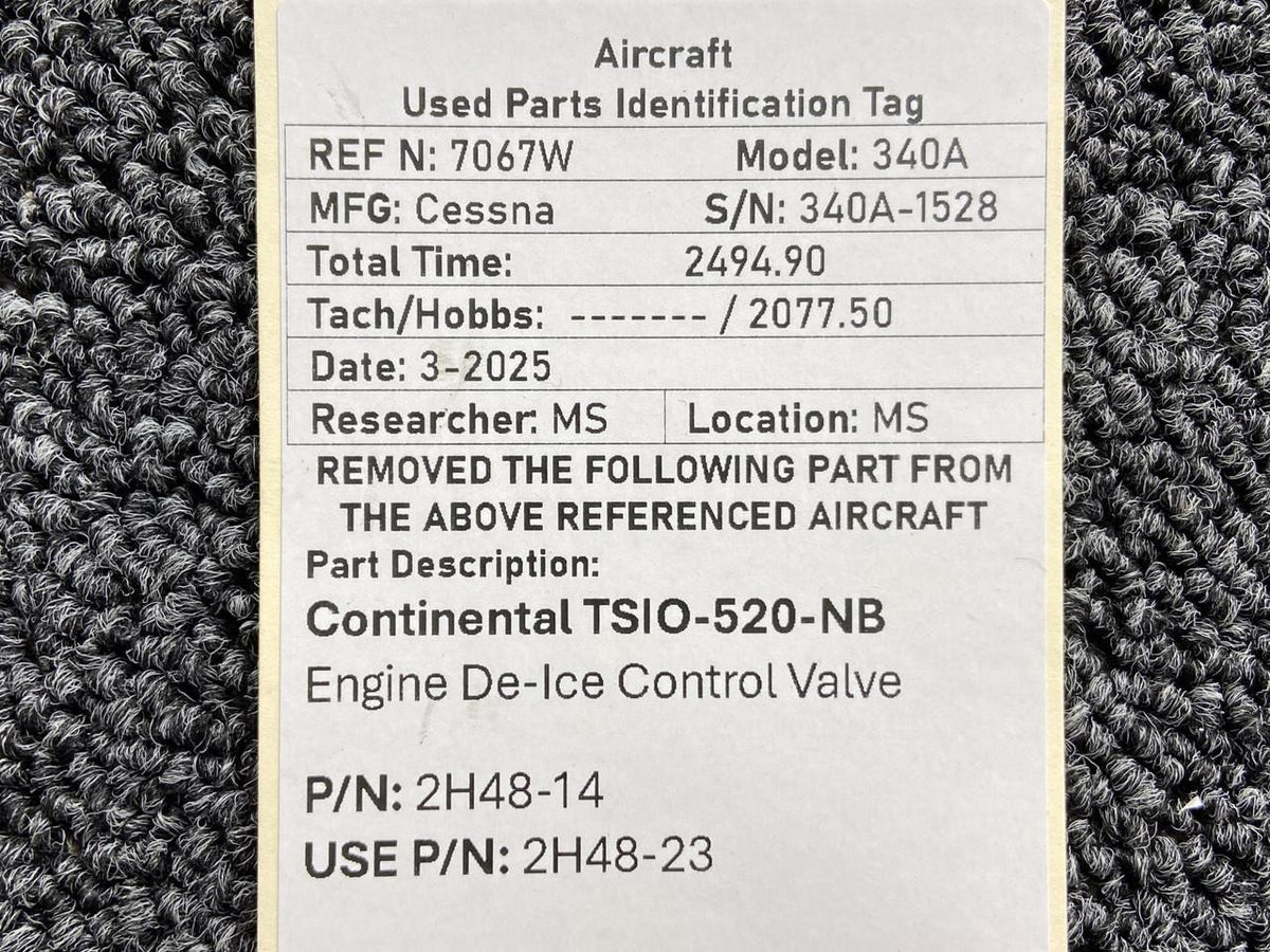 Continental Motors  2H48-14 (Use: 2H48-23) Continental TSIO-520-NB Engine De-Ice Control Valve