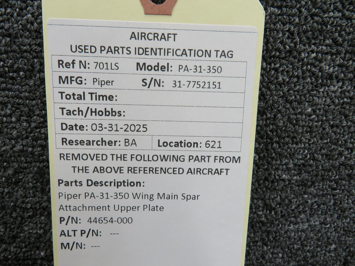 Piper Aircraft Parts 44654-000 Piper PA-31-350 Wing Main Spar Attachment Upper Plate