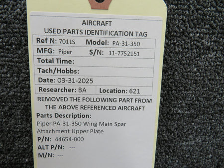 Piper Aircraft Parts 44654-000 Piper PA-31-350 Wing Main Spar Attachment Upper Plate
