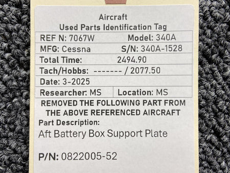 Cessna Aircraft Parts 0822005-52 Cessna 340A Aft Battery Box Support Plate