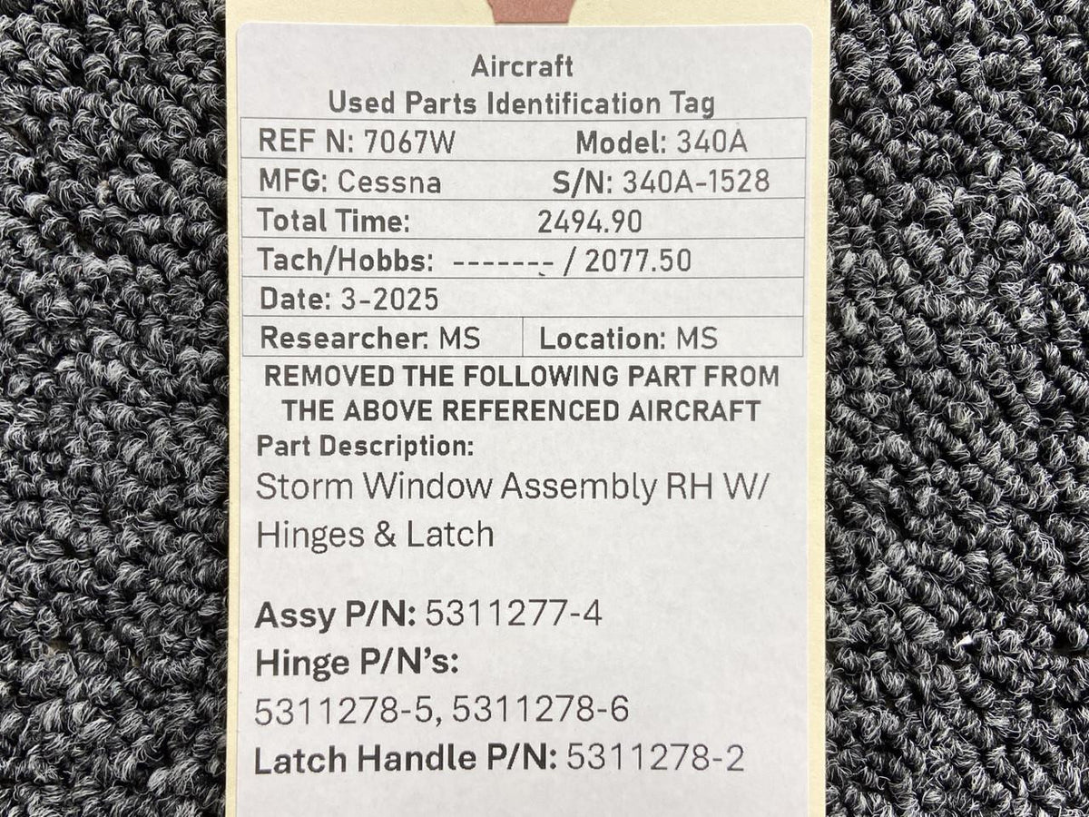 Cessna Aircraft Parts 5311277-4, 5311278-5 Cessna 340A Storm Window Assembly RH with Hinges & Latch