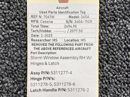 Cessna Aircraft Parts 5311277-4, 5311278-5 Cessna 340A Storm Window Assembly RH with Hinges & Latch