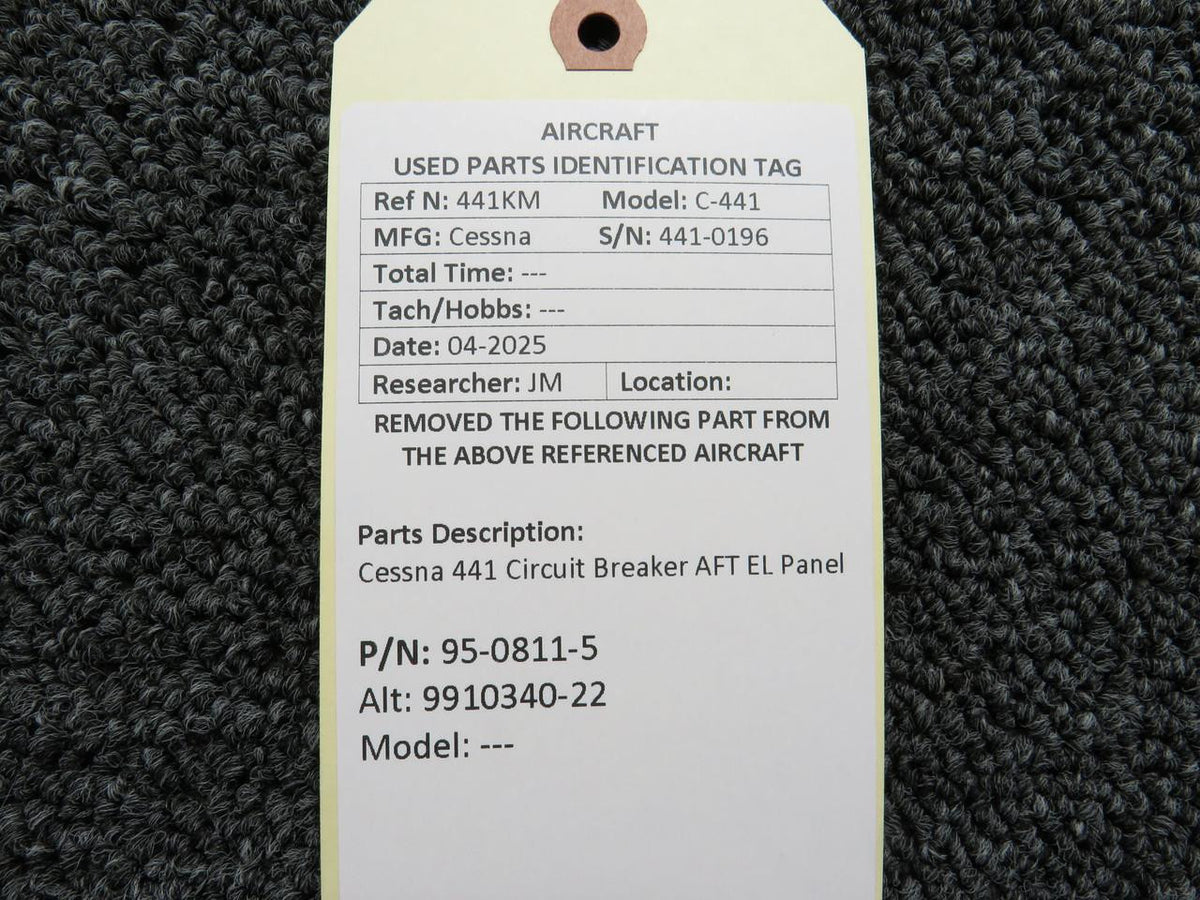 Cessna Aircraft Parts 95-0811-5 (Alt: 9910340-22) Cessna 441 Circuit Breaker AFT EL Panel