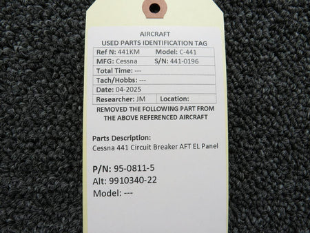 Cessna Aircraft Parts 95-0811-5 (Alt: 9910340-22) Cessna 441 Circuit Breaker AFT EL Panel